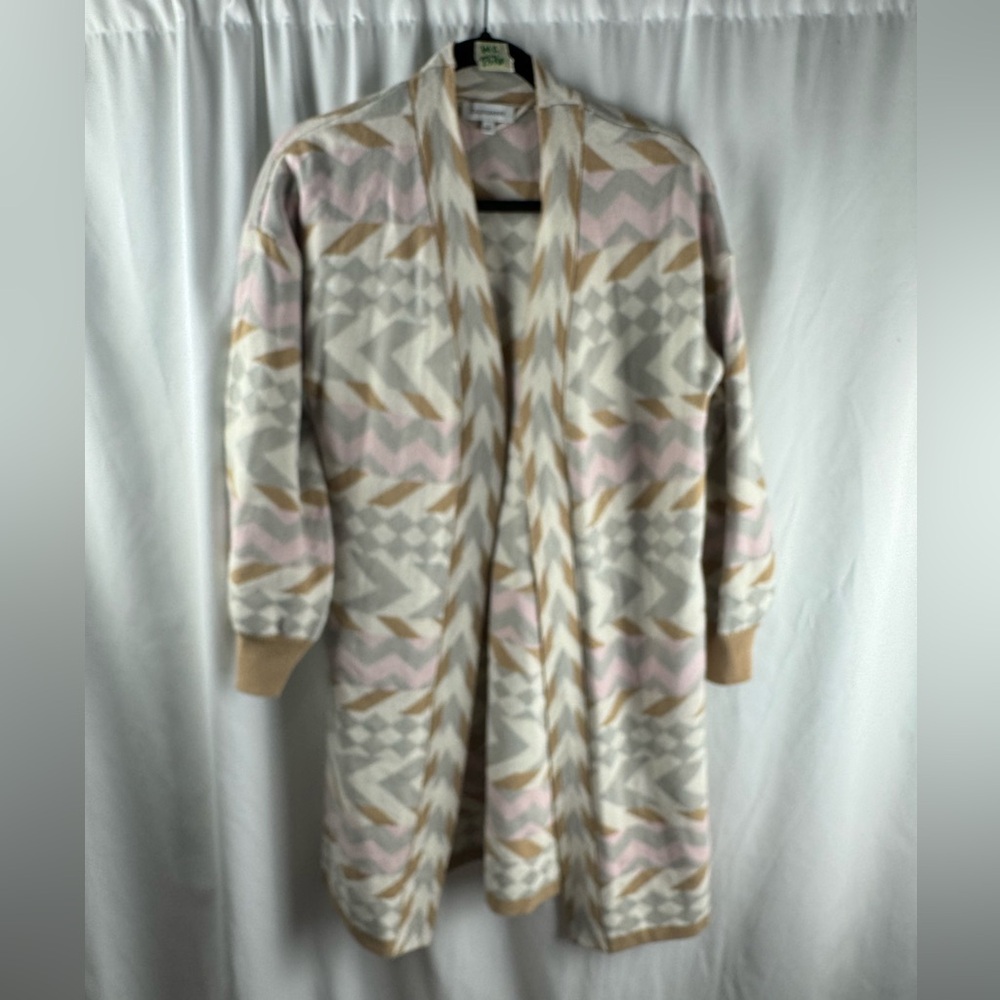 Anthropologie Calligraphie Cardigan Long Sweater Ivory Pink Tan Gray